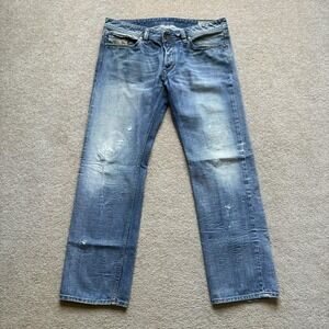 Diesel Viker Jeans Mens 36x32 Light Wash Straight Distressed Denim Embroidered